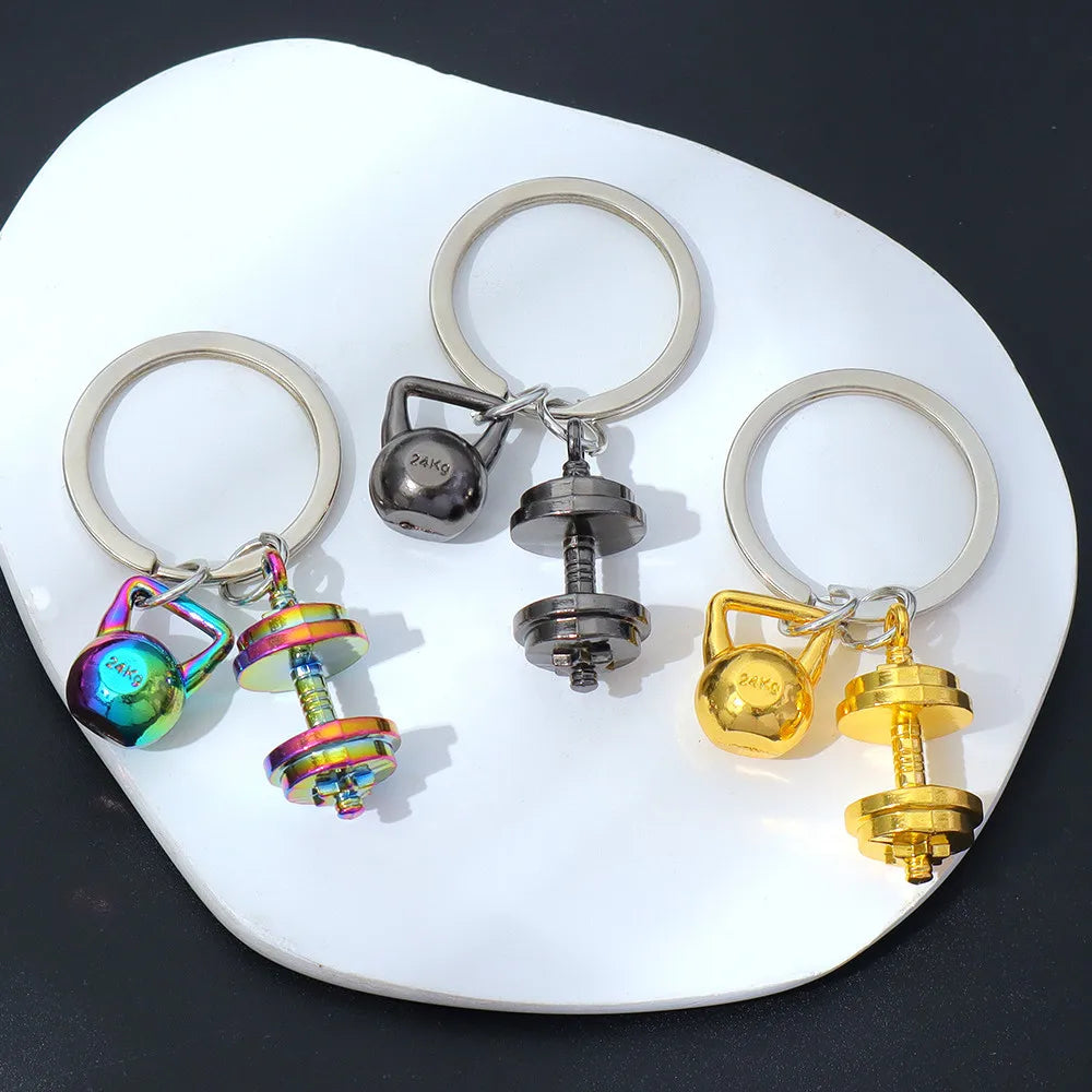 Fashion Mini 3D Metal Dumbbells Keychain Solid Color Kettlebell Sports Keyring Unisex Backpack Pendant Car Key Holder Accessorie