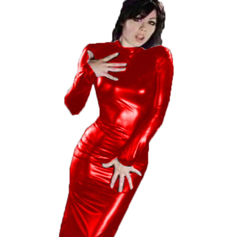 2023 Shiny Pu Leather Sexy Bodycon Dress Slim Long Sleeve Elegant Dress Fashion Party Night Club Dubai Turkish Maxi Robe Vestido