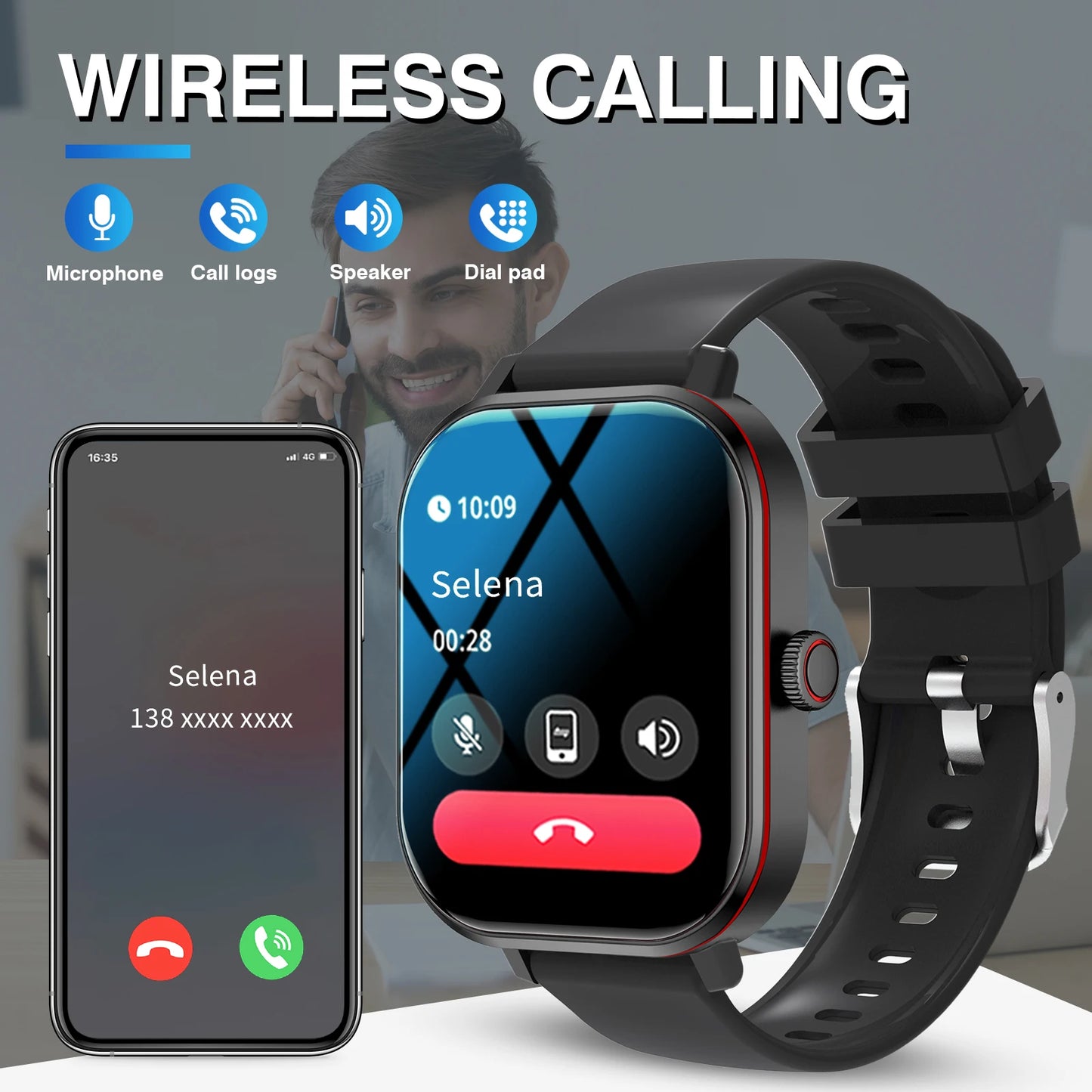Smart Watch, Wireless Call/Dial, Multiple APP Reminders, Suitable for Men and Women, Sports Watch, Compatible with IPhone/Andrio