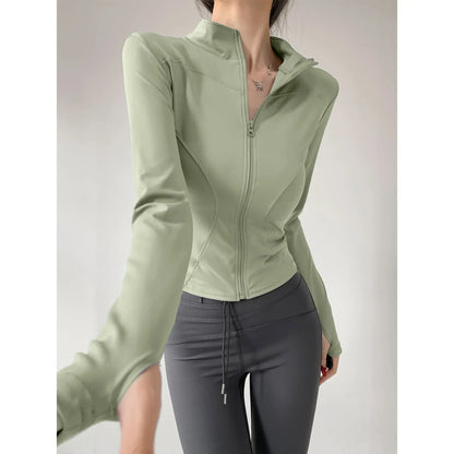 S-3XL Women's Fitness Jackets Yoga Coat with Zipper Slim Running Wear Stretch Gym Crop Top Lightweight Sports Outerwear Hoodless