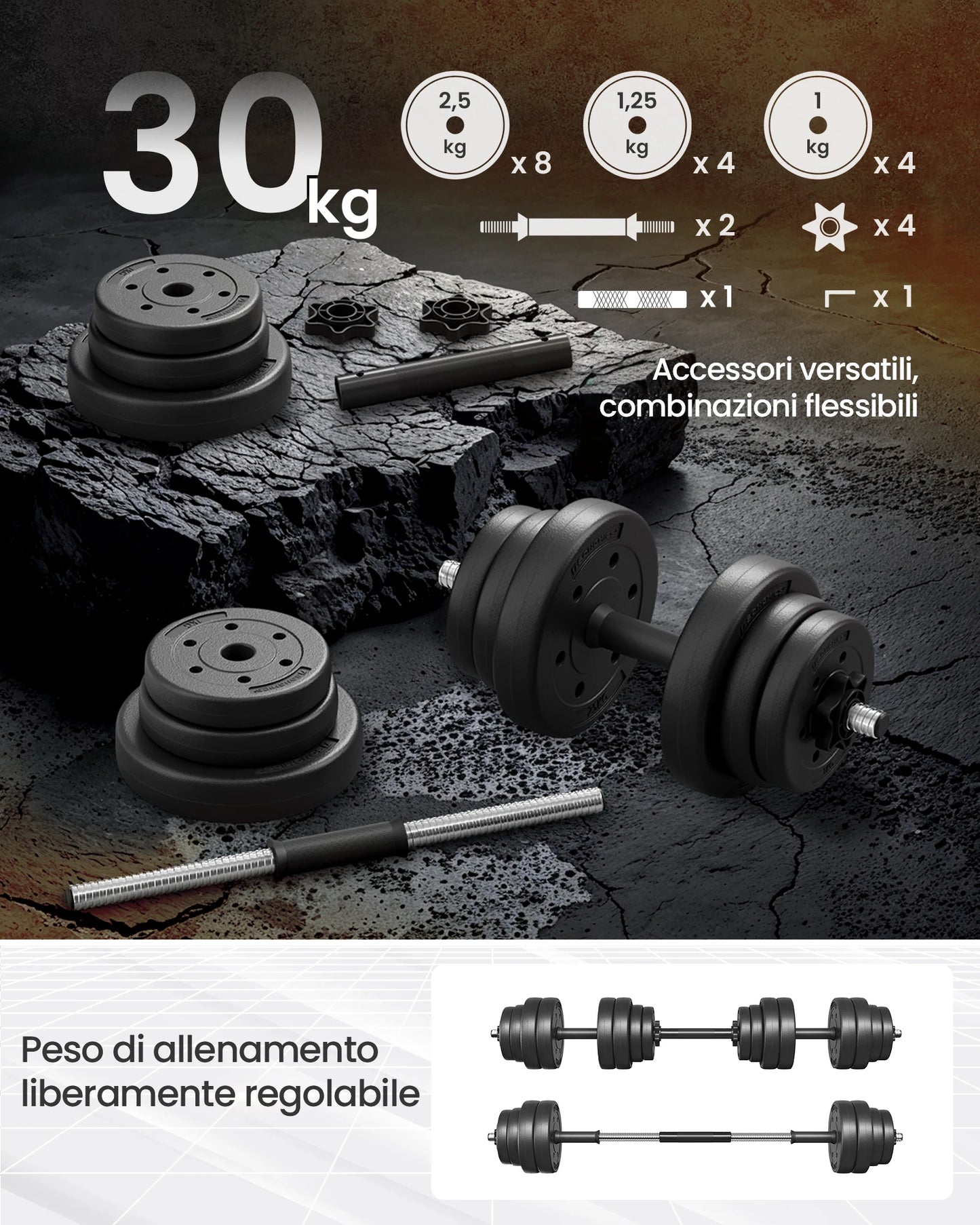 SONGMICS 2-in-1 Dumbbells Set, 2 x 15 kg Adjustable Dumbbells with Extra Barbell Bar, Plastic-Coated Weight Plates