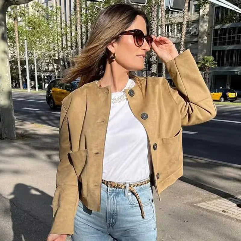 HXAO Suede Jacket Women Spring Outerwears 2025 New In Coats & Jackets Crop O-Neck Button Long Sleeve Coats Chic Elegant Jackets