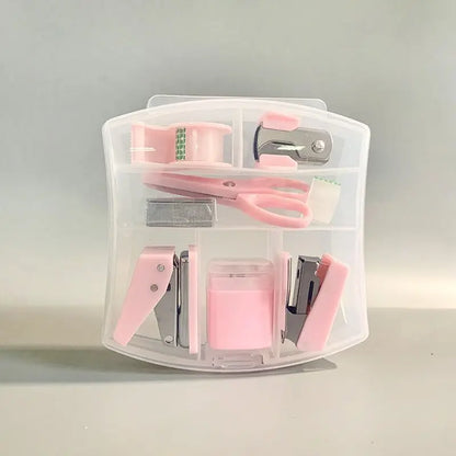 8 PCS Mini Office Supplies Set with Portable Case - Including Scissors Tape Box Pencil Case Puncher and Staples