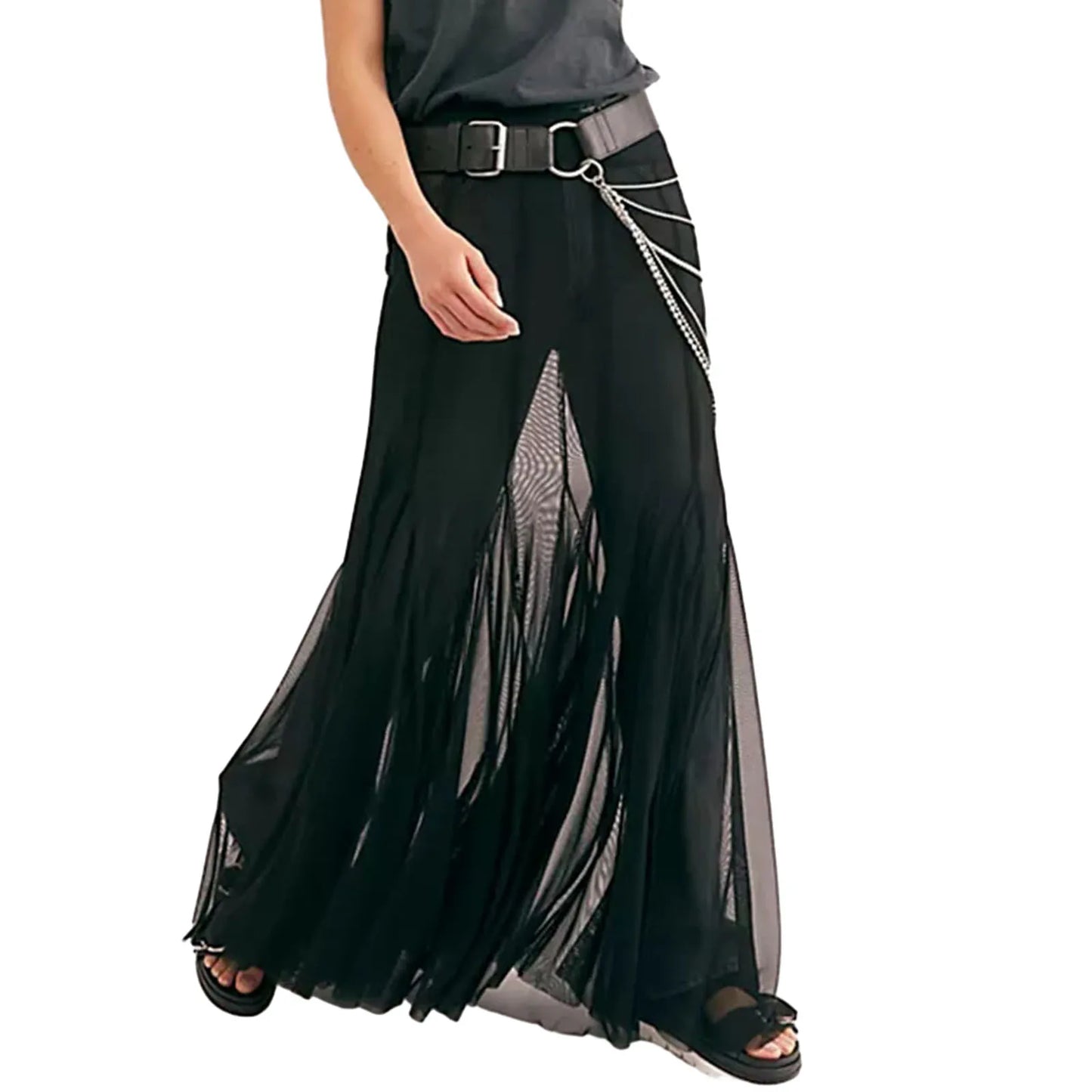 Sexy See Through Sheer Mesh Long Skirts Elastic High Waist Ruffle Hem Flowy Skirts Party A-line Midi Skirts Women Casual Clothes