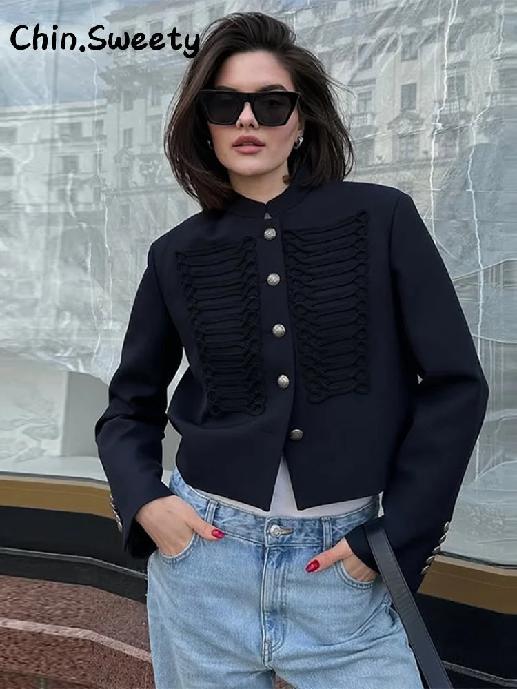 Vintage Cropped Napoleon Jacket Women Solid O-neck Long Sleeve Single Breasted Jackets Female 2026 Spring Lady Chic Outwear New