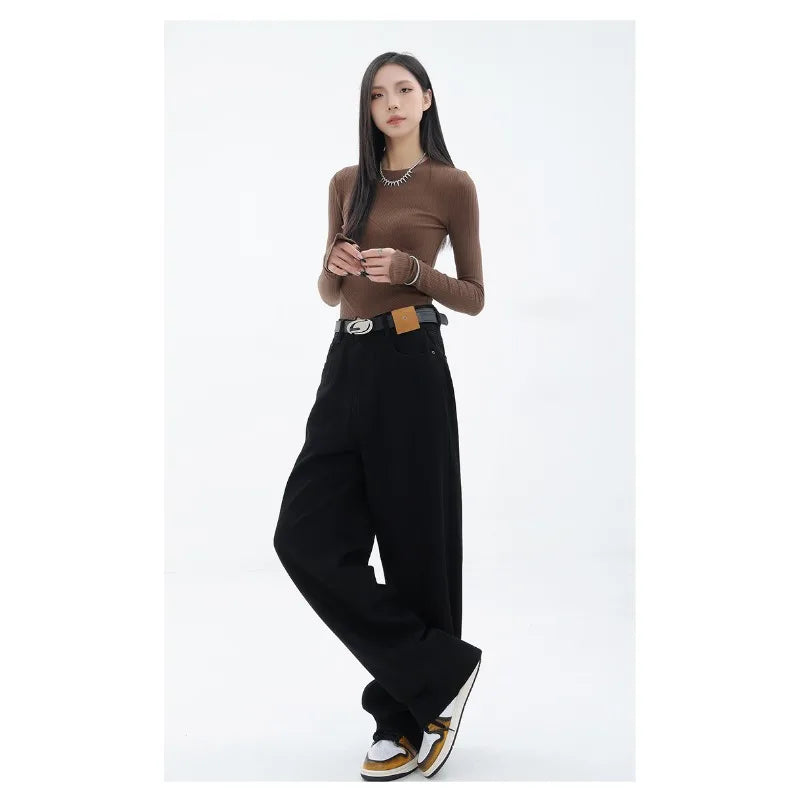 Womens Jeans High Waist Slim Fit Personality Denim Trousers Autumn Winter New Blue Loose Straight Wide Leg Drag Thin