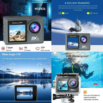 Action Camera 5K 4K60FPS Dual IPS Touch LCD EIS 170° 30M Waterproof 5X Zoom Sport Camera Optional Wireless Mic & Remote Control