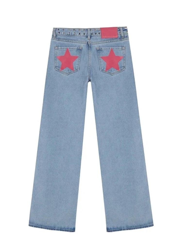 Y2K Vintage Jeans Women High Waisted Denim Pants Five Pointed Star Print Harajuku Street Baggy Casual Straight Leg Trousers