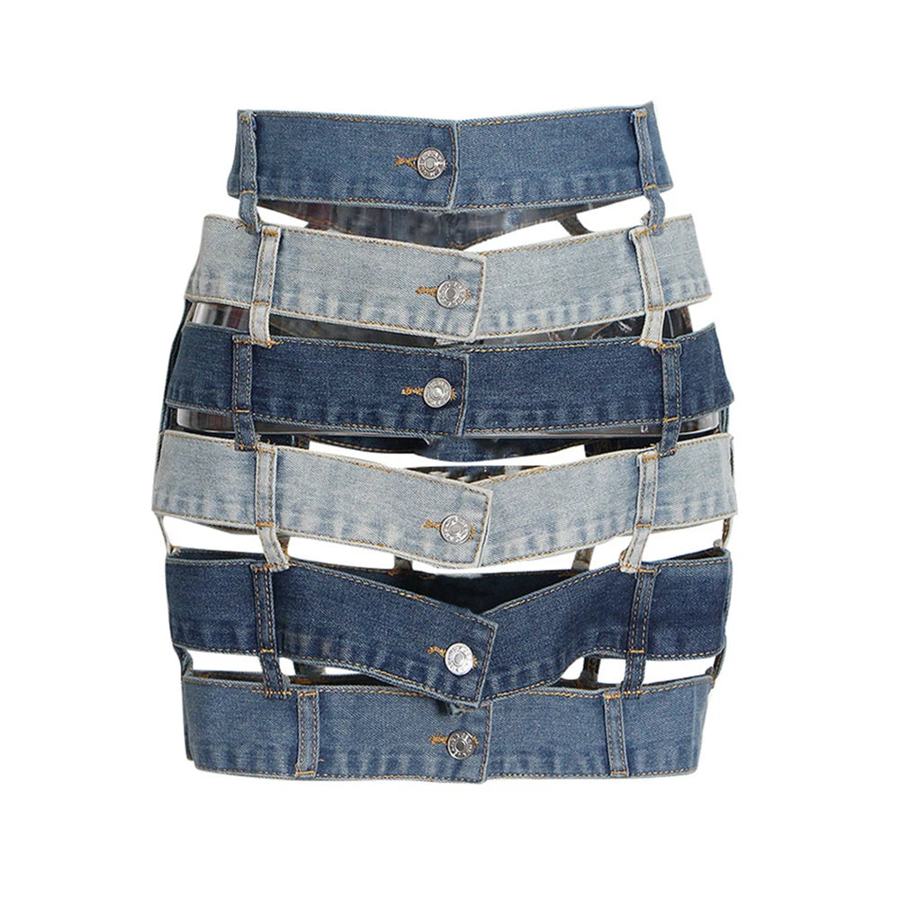 VGH Colorblock Streetwear Denim Skirts For Women High Waist Spliced Button Hollow Out Casual Irregular Skirt Female Fashion New