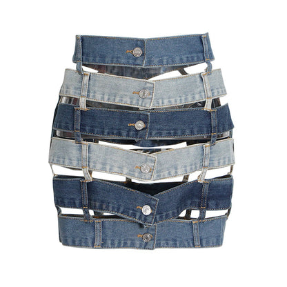 VGH Colorblock Streetwear Denim Skirts For Women High Waist Spliced Button Hollow Out Casual Irregular Skirt Female Fashion New