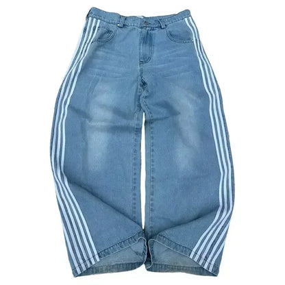 Retro British style print design sense patchwork rolled edge jeans high street casual loose wide-leg straight sports trousers