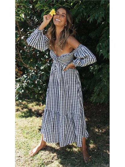 Fashion Print Off Shoulder Women's Plaid Dress New Autumn Fashion Elegant Party Casual Dresses Femlae Holiday Robe Femme