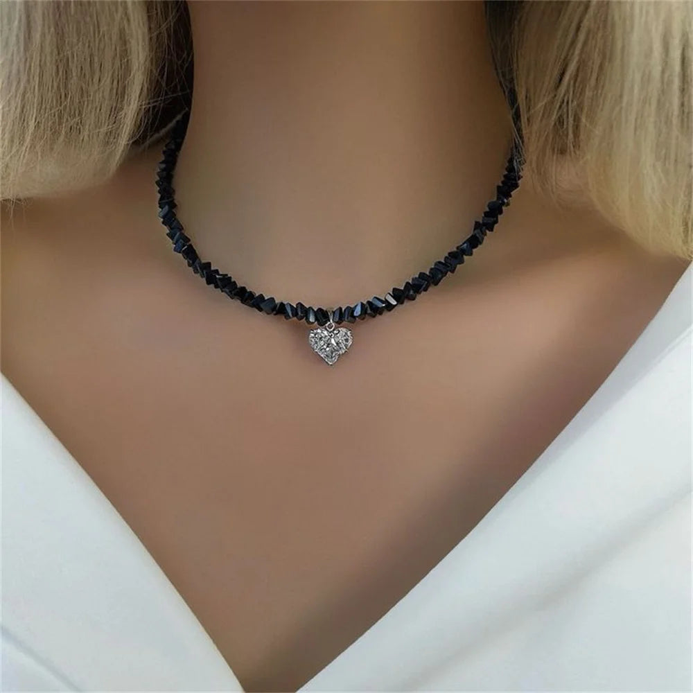 Fashion Vintage Tassels Zircon Heart Pendant Necklace For Women Female Boho Geometric Baroque Transparent Crystal  Chain Jewelry