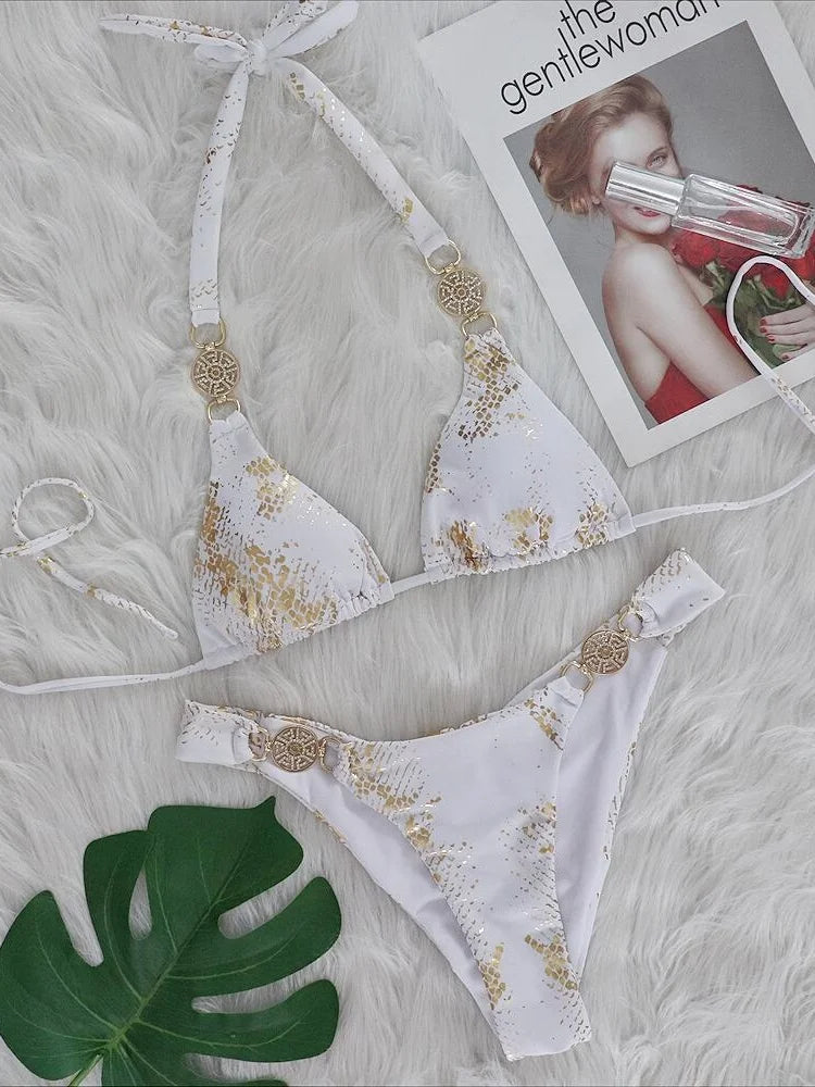 Bikinis Women White Snake Skin Print Rhinestone Micro Swimsuit 2025 Luxury Brazilian Push Up Beach Bathing Suit Thong Swimwear