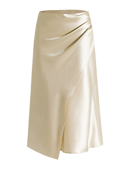 New In 2025 Women's Summer High Waist Satin Pleated Split Green Long Skirt Solid Color Zipper Office Lady Party Elegant Skirts