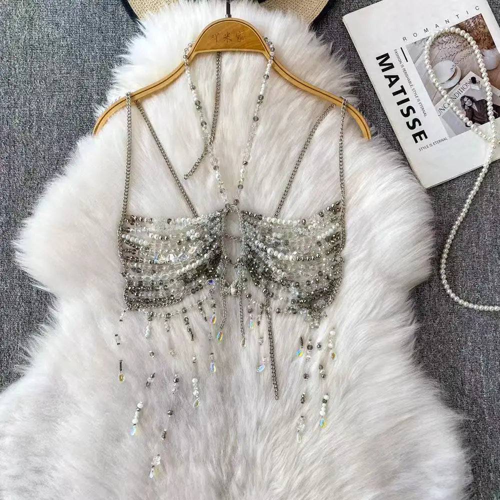 2025 New Women's Necklace Beaded Vest Hollow Out Top Jewelry Exaggerated Pearls Neck Bra Fashion Bra Women's Club Carnival