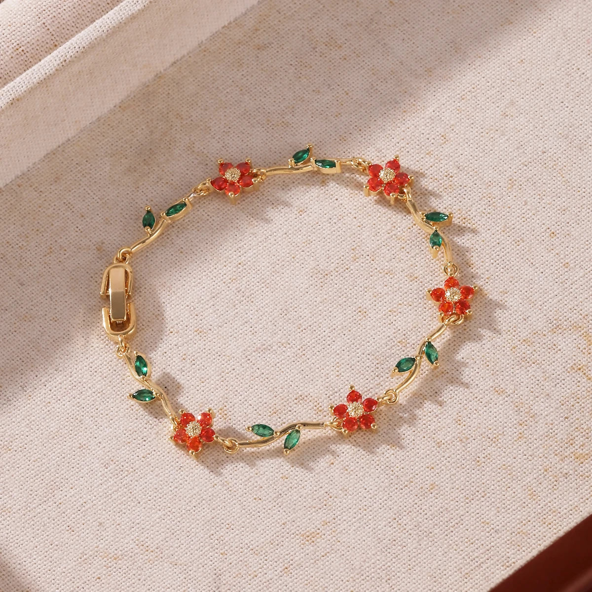 Elegant Multiple Color Flower Charm Zircon Branch Leaf Bracelet Dopamine Niche Sense 18K Gold Plated Women's Bangle Gifts
