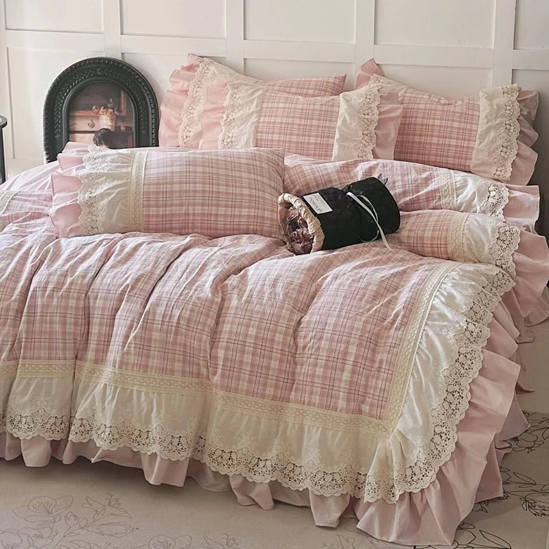 Princ Sle Pure Cotton Pink Bedding Set with Lace s Waed Cotton Duvet Cover eet And Bed Skirt Four Piece Set