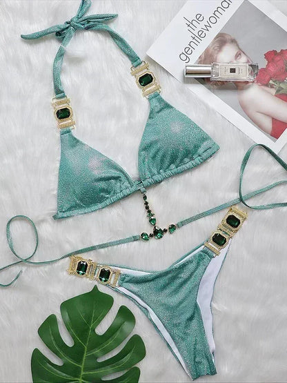 Halter Crystal Rhinestone Diamond Bikini 2025 Female Swimsuit Women Swimwear Two Pieces Bikini set Brazilian Bathing Suit Swim