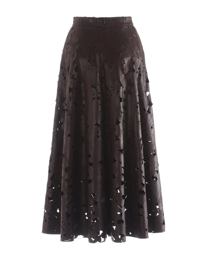 [EAM] High Waist Brown Pu Leather Hollow Out Elegant A-line Half-body Skirt Women Fashion Tide New Spring Autumn 2026 1DJ4309