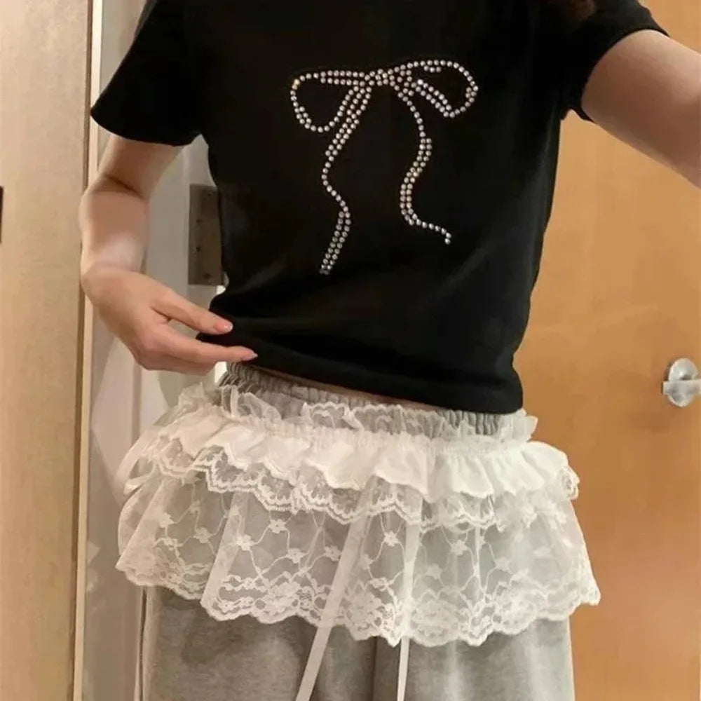 Korean Ins Blogger Unique Lace Layered Gauze Skirts Lace Trim A-Line Short Cloth Mini Waist Skirts Harajuku Girl's White Skirts