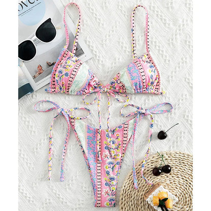 BIQIUYYI New Floral Print String Bandage Bikinis Triangle Cup Push Up Swimsuit Women Bathing Suit Beachwear Halter Swimwear XS