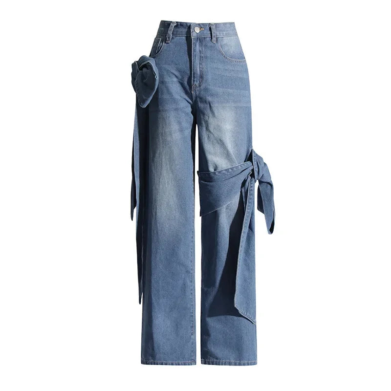 Jeans Women Denim Wide Leg Pants Floor Length Pant Bow High Waist Loose Casual Elegant Straight Trousers Y2k Mom Streetwear
