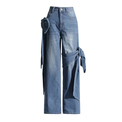 Jeans Women Denim Wide Leg Pants Floor Length Pant Bow High Waist Loose Casual Elegant Straight Trousers Y2k Mom Streetwear