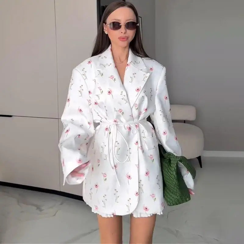 Elegant Floral Print Blazer Outerwear With Belt Women's Casual Lapel Long-Sleeve Shoulder Pads Jacket Loose Fit Outfit For Woman
