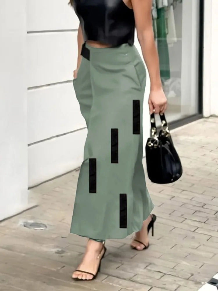 UOOZEE Women's Fashion Asymmetrical A-Line Skirts 2025 New Arrivals Split-Joint Pockets Loose Elastic High Waist Skirt Bottoms