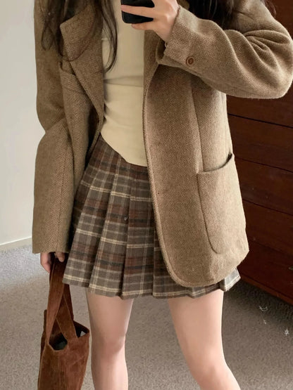 Retro Plaid Woolen Mini Skirt Women plus Size Spring Autumn Thickened Coffee Pleated Skirt Small Size High Waist A- Line Skirt