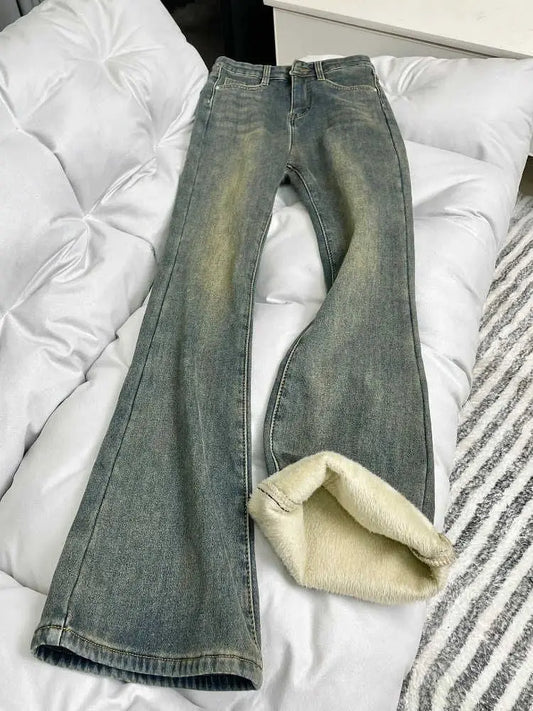 Cozy Fleece Lined Vintage Blue Jeans Women Winter High Waist Slim Fit Bootcut Pants Simple Autumn Warm Comfortable Denim