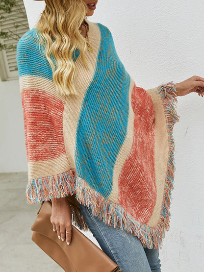Autumn Winter Batwing Sleeve Rainbow Striped Poncho Women Fashion Sweater Cloak 2025 New Pullover Shawl Female Tassel Cape