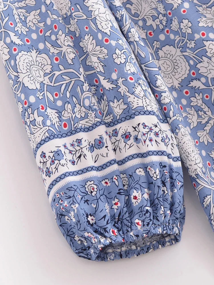 Vintage Chic Women Floral Porcelain Print Long Sleeve Beach Bohemian Mini Dresses Ladies Rayon Cotton Tie Neck Boho Dress