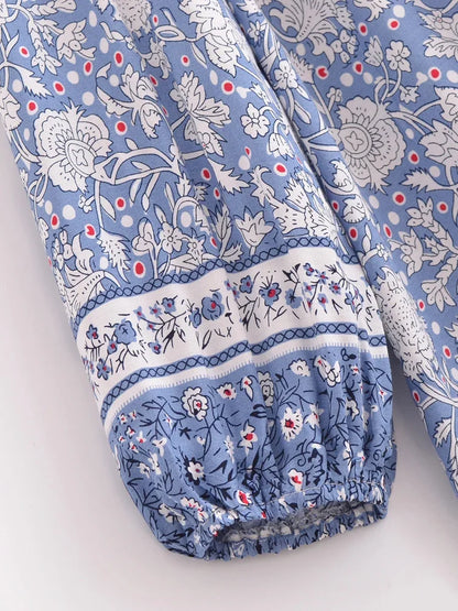 Vintage Chic Women Floral Porcelain Print Long Sleeve Beach Bohemian Mini Dresses Ladies Rayon Cotton Tie Neck Boho Dress
