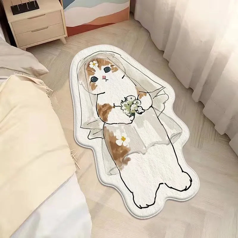 Anti-Slip Bedroom Bedside Mat Lovely Cat Carpet Soft Home Floor Mats Cute Cartoon Long Rug Decor Doormat