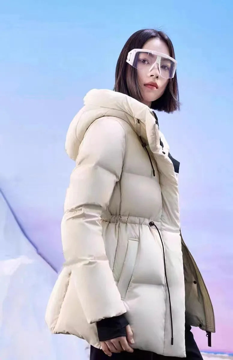 Winter Warm Hooded Coat Women's Mid-Length Waist Drawstring Jacket Windproof Thermal Outerwear