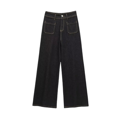BSAY Jeans for Women Fashion Autumn Winter New Solid Color Pocket Loose Retro High Waist Wide Leg Pants Chic Female Trousers
