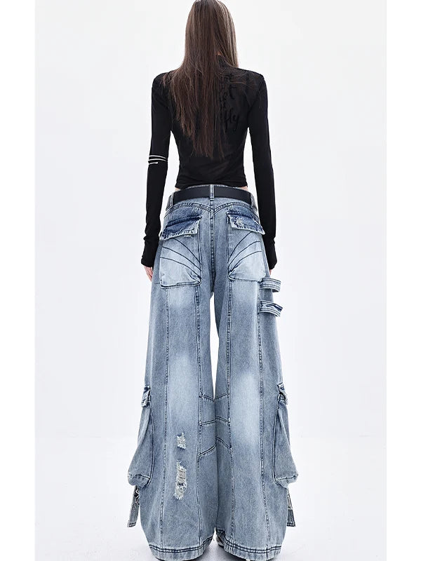 American Deconstructed Sa Multi-ket Workwear Jeans Women Loose Wide Leg Pants High Waist Long Trousers Blue Casual