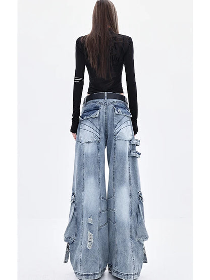 American Deconstructed Sa Multi-ket Workwear Jeans Women Loose Wide Leg Pants High Waist Long Trousers Blue Casual