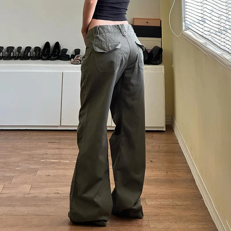 Low Waisted Flare Jeans Streetwear 2000s Clothes Y2k Women Bottom Belted Cargo  Vintage Denim Pants P67-DI27