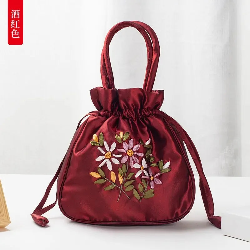 Women Bucket Bag Top Handle Ladies Handbag Phone Bag Summer Small Purse National Style Embroidered Flower Pattern Drawstring Bag