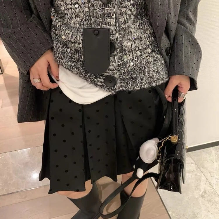 Fashion Wave Point Ruched Skirt For Women Y2k High Waist Mid-length Faldas Mujer 2025 Spring Autumn New Gray A-line Skirts