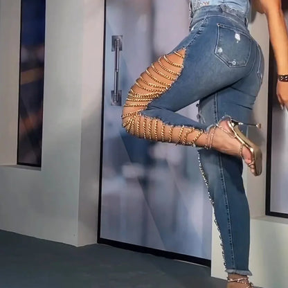 Women's Chain Jeans 2025 Spring Lace Stitching New Fashion Sexy Skinny Pants Pencil Pants Strech Jeans