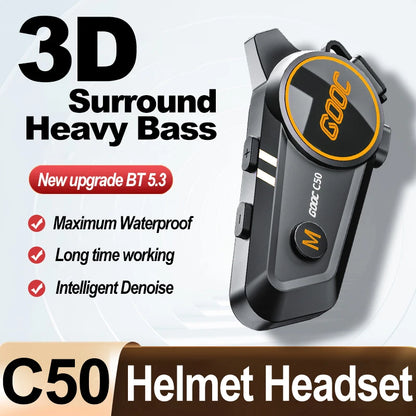 3D Surround Heavy Bass Motorcycle Helmet Headset Stereo Bluetooth Hands Free Call IPX7 Waterproof With Tri-Color Ambient Light