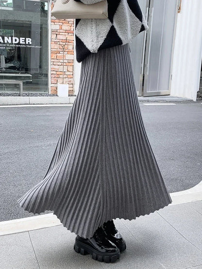 Autumn Winter Women's Long Skirt High Waist Knitted A-line Pleated Skirt Ladies Elegant Solid Gray Loose Casual Skirts for Women