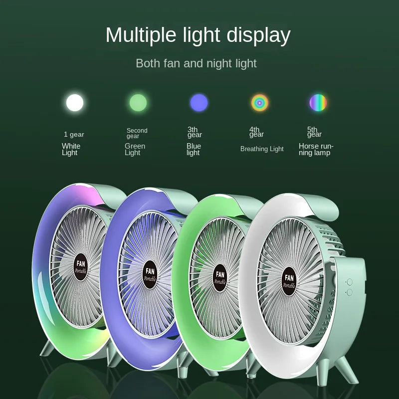 Portable fan, desktop spray, intelligent adjustable, silent, cool air lamp, indoor table fan with seven-color lights