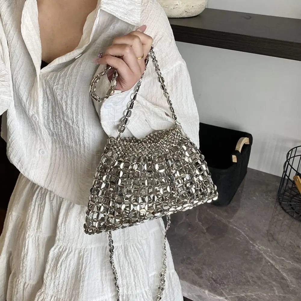Casual Sequin Evening Banquet Bag Temperament Underarm Bag Woven Beaded Crossbody Bag Mini Small Purse Silver Shiny Bag Women