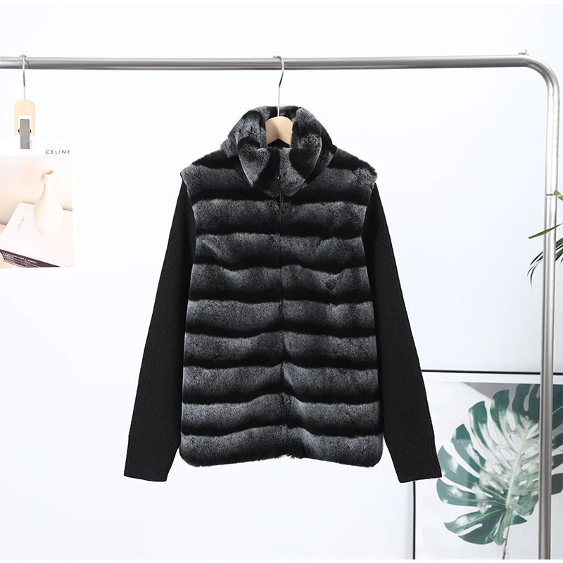 Vintage Faux Fur Patchwork Jacket For Women Fashion Knitted Long Sleeves Zipper Stand Coat 2025 Autumn Winter Female Streetwear