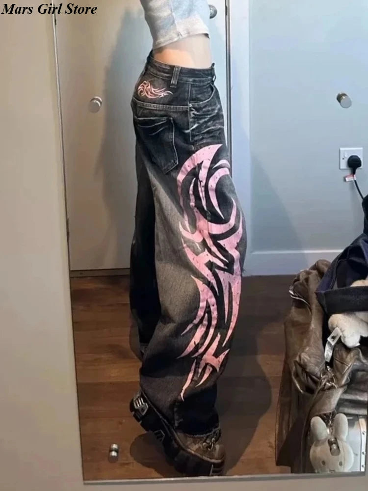 Y2k Vintage Gothic Punk Jeans Women Harajuku Print Grunge Baggy Denim Trousers Punk Hip Hop Black Streetwear Wide Leg Jeans